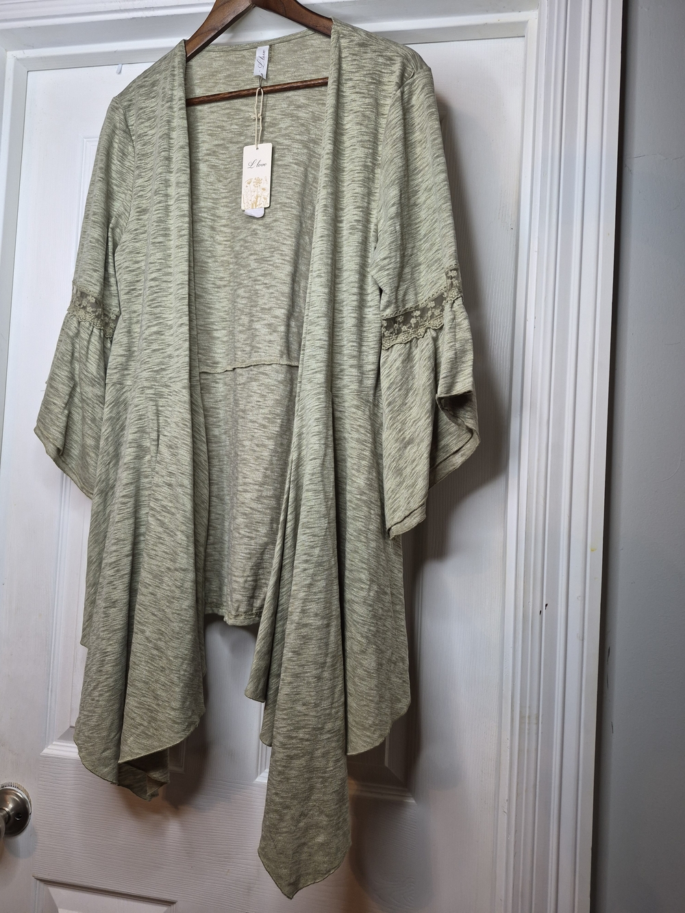L Love Light Sage Open Front Kimono Cardigan Large NWT